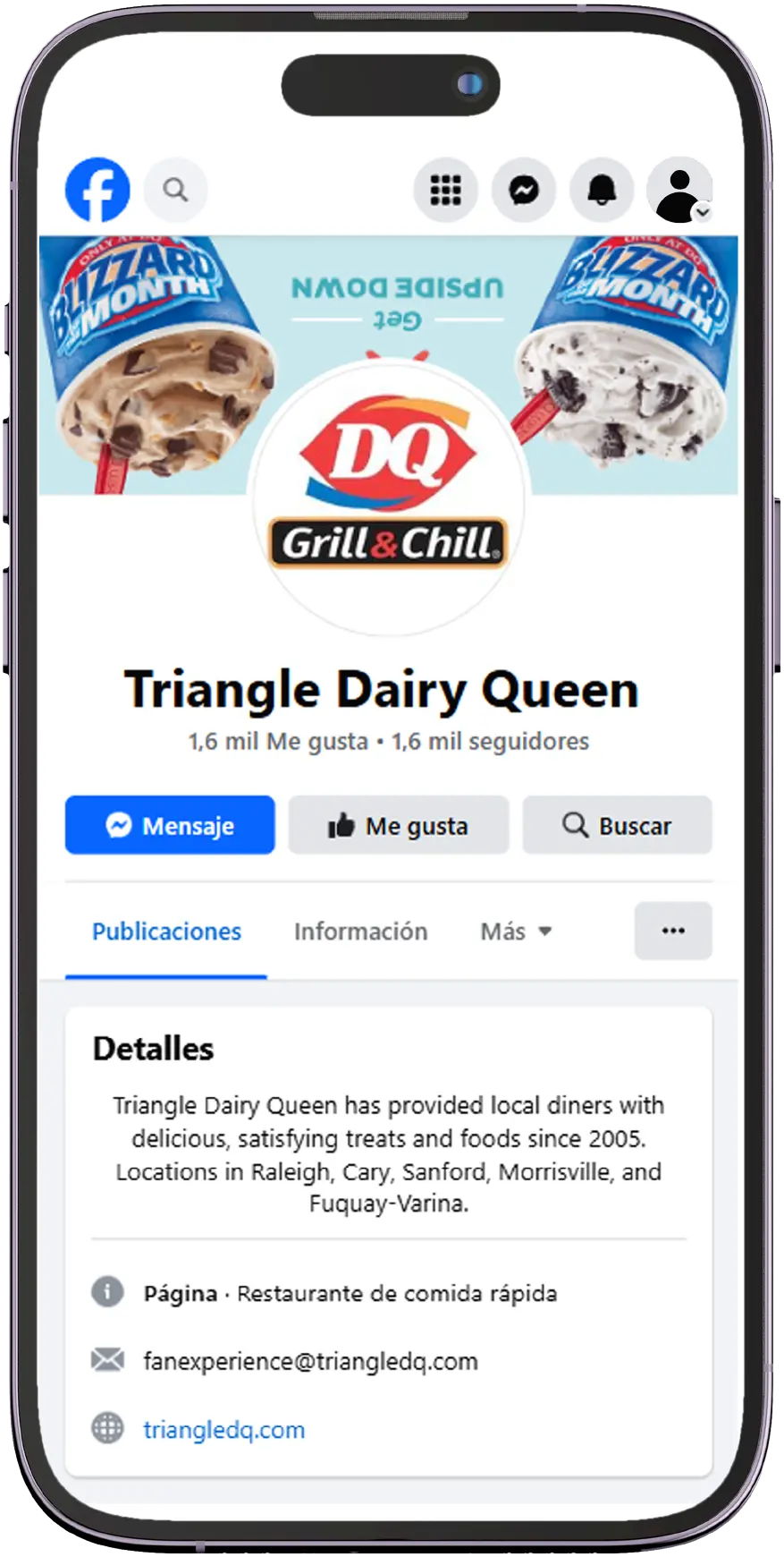 Smartphone displaying the company's facebook social network
